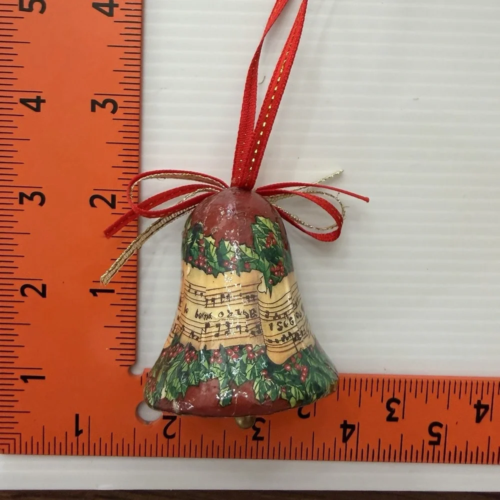 Vintage Decoupage Christmas Ornament Set Of 2 Bell & Heart Holiday Music Holly
